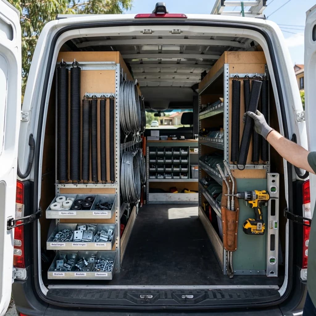 The organised interior of a garage door service vehicle with torsion springs, rollers, cables and winding bars