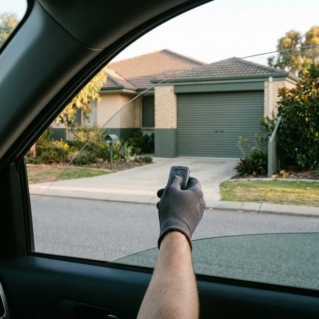 A garage door remote held up in a car at the kerb with a closed roller door in the background