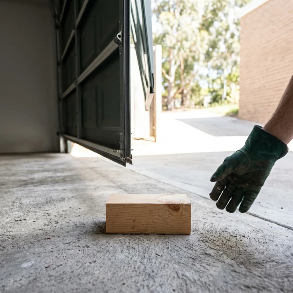A timber offcut laid flat on a garage slab in the path of a closing sectional door