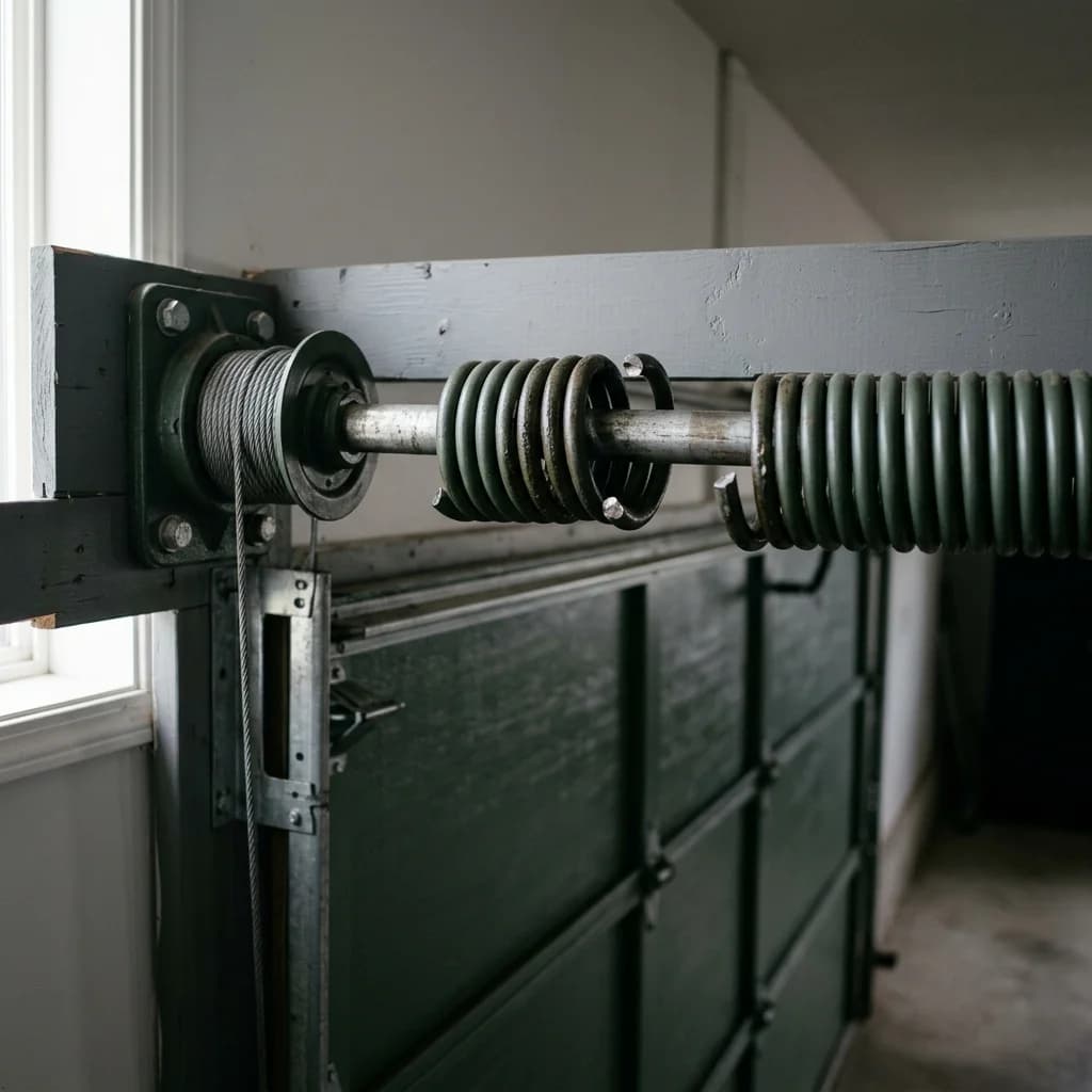 A torsion spring on the shaft above a closed sectional garage door showing a clear gap in the coil