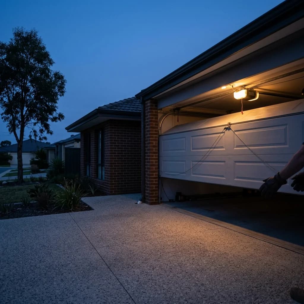 A garage door stopped half-closed at dusk with the motor's courtesy light on inside the garage
