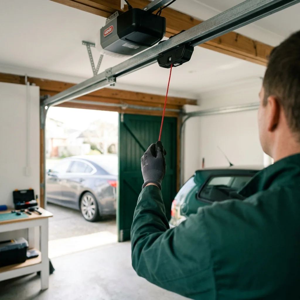 A gloved hand pulling the red manual release cord hanging from a garage door motor rail
