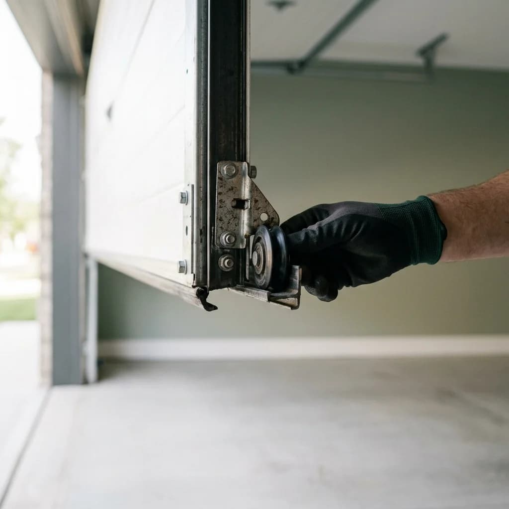 A gloved hand inspecting a garage door roller and hinge on the horizontal track inside a garage