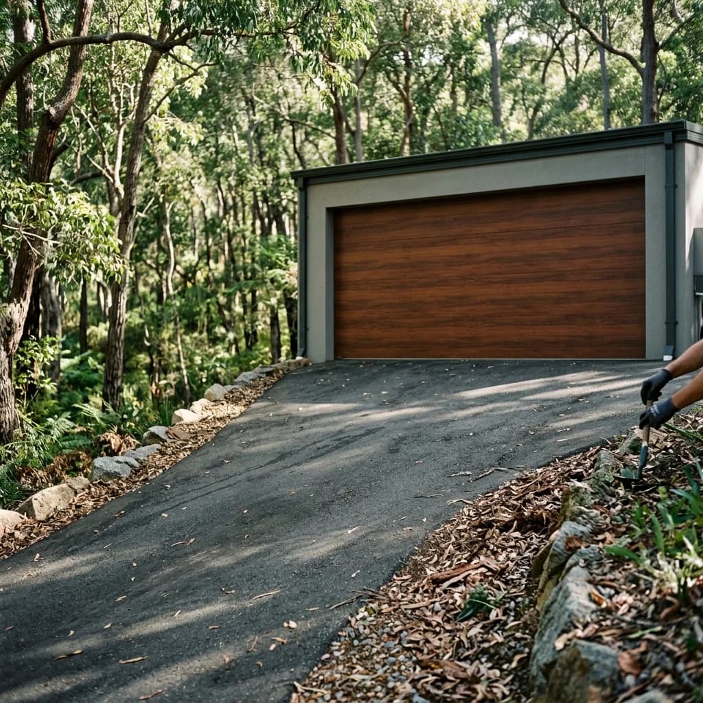 A double garage door at the top of a steep driveway on a bush block in the Perth Hills
