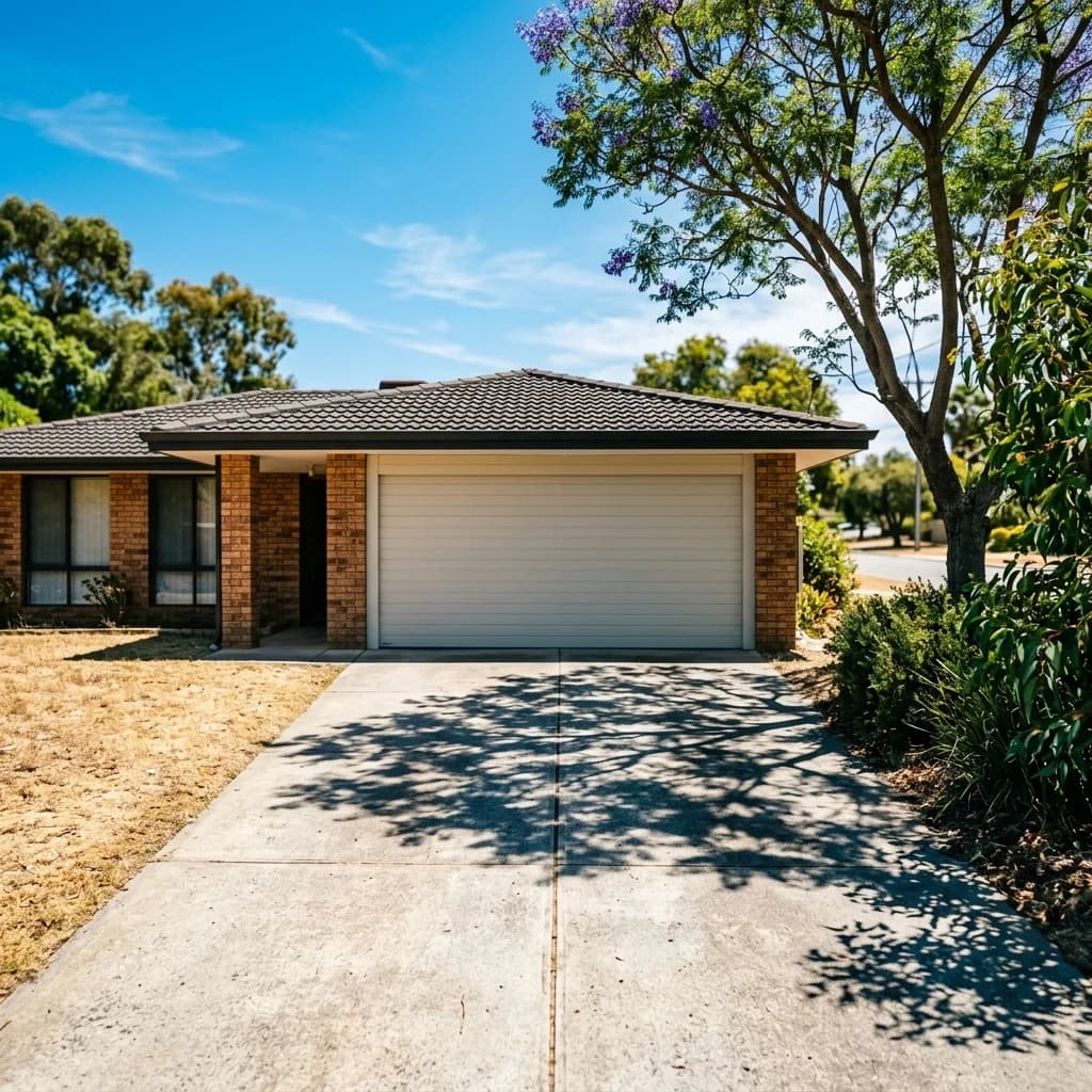 A pale Colorbond garage door on a Perth brick-and-tile home in harsh late-afternoon summer light