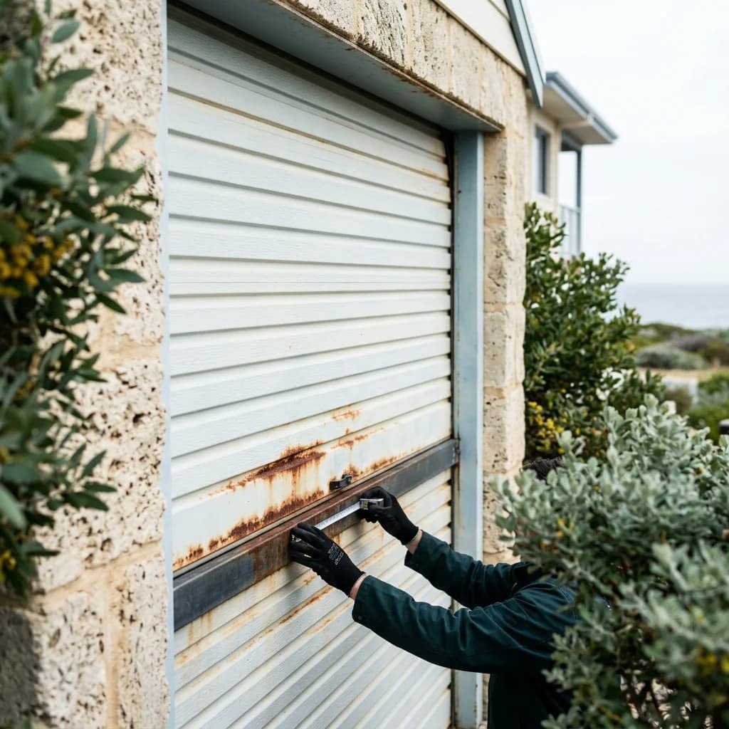 A weathered roller door on a beachside Perth house with visible corrosion along the bottom rail