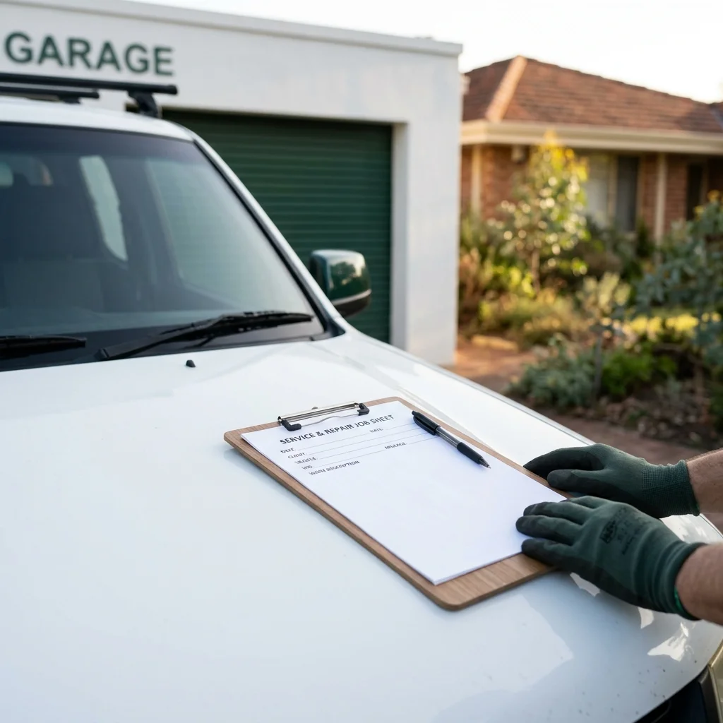 A technician's clipboard and paperwork resting on the bonnet of a service van outside a Perth garage