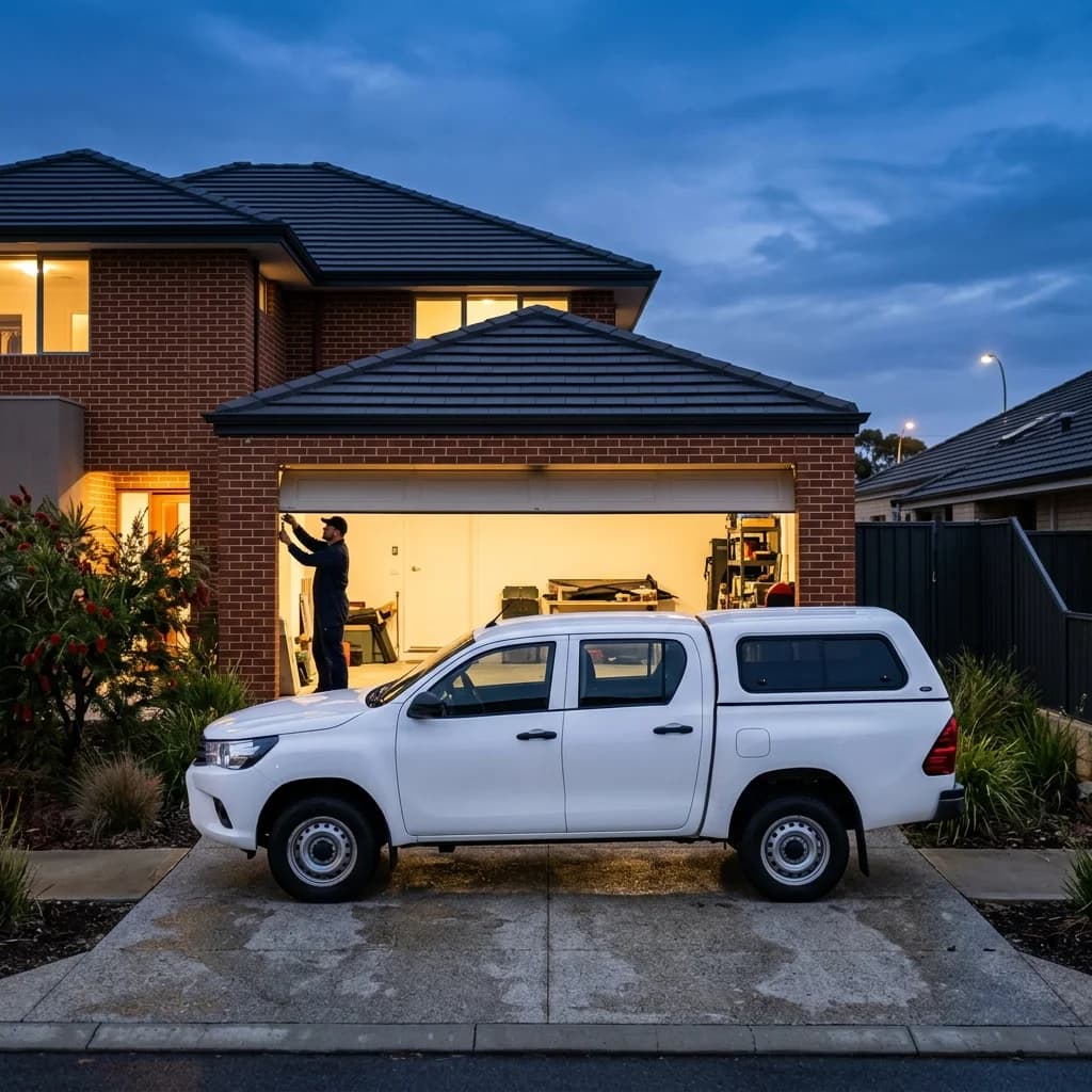 A garage door technician working on a sectional garage door's torsion spring at a Perth home at dusk